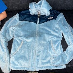 Blue women’s north face fleece hooded jacket size medium